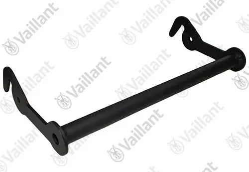Schwarzes, metallisches Haltegestell mit zwei seitlichen Haken und einer mittigen Stange, gekennzeichnet mit dem Logo der Marke Vaillant.